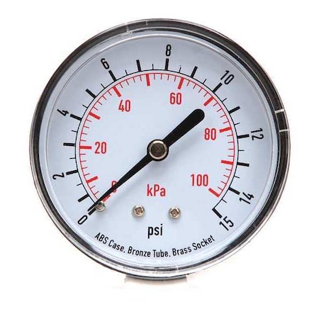 Commercial Pressure Gauge, 0 to 15 psi, 2 1/2 in Dial, 1/4 in NPT, Center Back Location MPN:4FME2