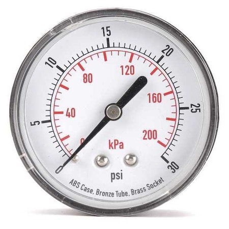 Commercial Pressure Gauge, 0 to 30 psi, 2 1/2 in Dial, 1/4 in NPT, Center Back Location MPN:4FME3