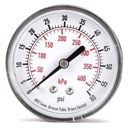 Commercial Pressure Gauge, 0 to 60 psi, 2 1/2 in Dial, 1/4 in NPT, Center Back Location MPN:4FME4