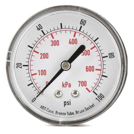 Commercial Pressure Gauge, 0 to 100 psi, 2 1/2 in Dial, 1/4 in NPT, Center Back Location MPN:4FME5