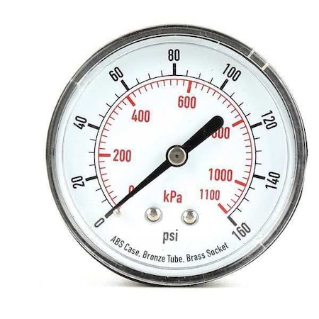 Commercial Pressure Gauge, 0 to 160 psi, 2 1/2 in Dial, 1/4 in NPT, Center Back Location MPN:4FME6