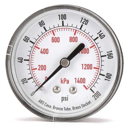 Commercial Pressure Gauge, 0 to 200 psi, 2 1/2 in Dial, 1/4 in NPT, Center Back Location MPN:4FME7