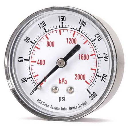 Commercial Pressure Gauge, 0 to 300 psi, 2 1/2 in Dial, 1/4 in NPT, Center Back Location MPN:4FME8