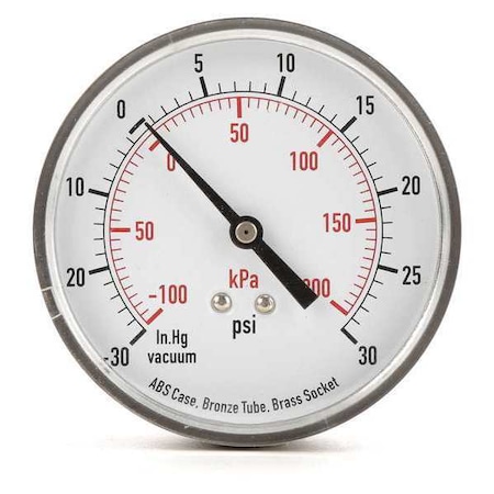 Commercial Compound Gauge, 30 to 0 to 30 psi, 3 1/2 in Dial, 1/4 in NPT, Center Back Location MPN:4FMF9