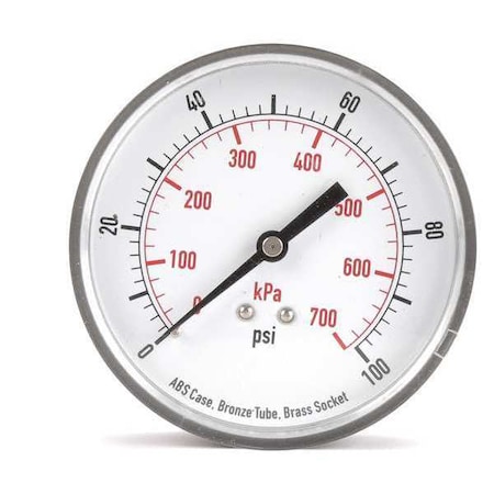 Commercial Pressure Gauge, 0 to 100 psi, 3 1/2 in Dial, 1/4 in NPT, Center Back Location MPN:4FMG4