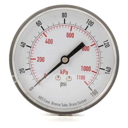 Commercial Pressure Gauge, 0 to 160 psi, 3 1/2 in Dial, 1/4 in NPT, Center Back Location MPN:4FMG5