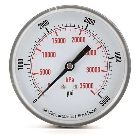 Commercial Pressure Gauge, 0 to 5, 000 psi, 3 1/2 in Dial, 1/4 in NPT, Center Back Location MPN:4FMH5