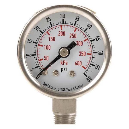 Commercial Pressure Gauge, 0 to 60 psi, 1 1/2 in Dial, 1/8 in NPT, Bottom Location MPN:4FMJ1