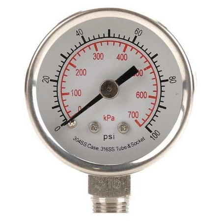 Commercial Pressure Gauge, 0 to 100 psi, 1 1/2 in Dial, 1/8 in NPT, Bottom Location MPN:4FMJ2