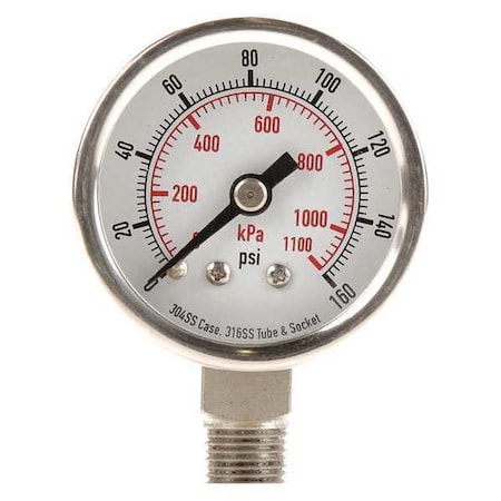Commercial Pressure Gauge, 0 to 160 psi, 1 1/2 in Dial, 1/8 in NPT, Bottom Location MPN:4FMJ3