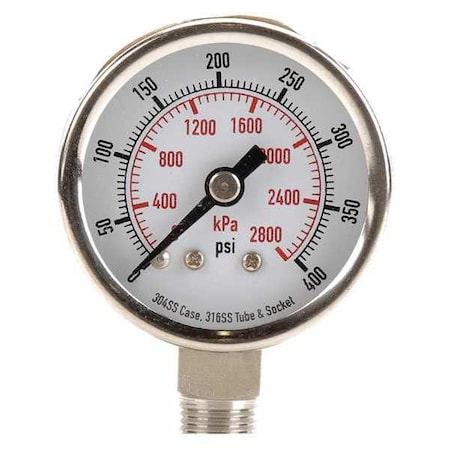 Commercial Pressure Gauge, 0 to 400 psi, 1 1/2 in Dial, 1/8 in NPT, Bottom Location MPN:4FMJ6