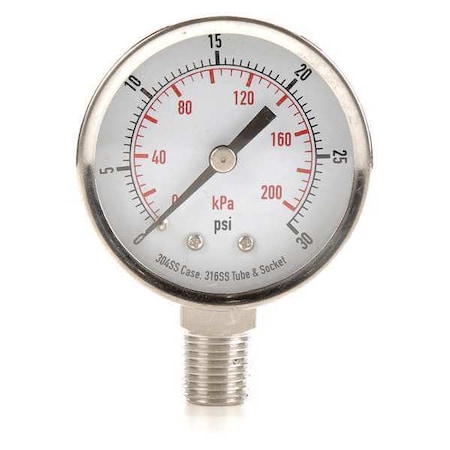 Commercial Pressure Gauge, 0 to 30 psi, 2 in Dial, 1/4 in NPT, Bottom Location MPN:4FMK5