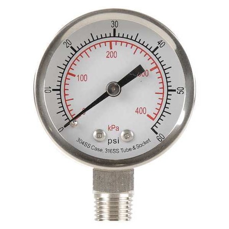 Commercial Pressure Gauge, 0 to 60 psi, 2 in Dial, 1/4 in NPT, Bottom Location MPN:4FMK6