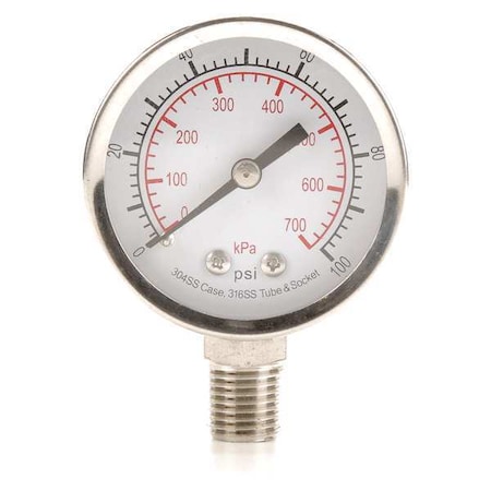 Commercial Pressure Gauge, 0 to 100 psi, 2 in Dial, 1/4 in NPT, Bottom Location MPN:4FMK7