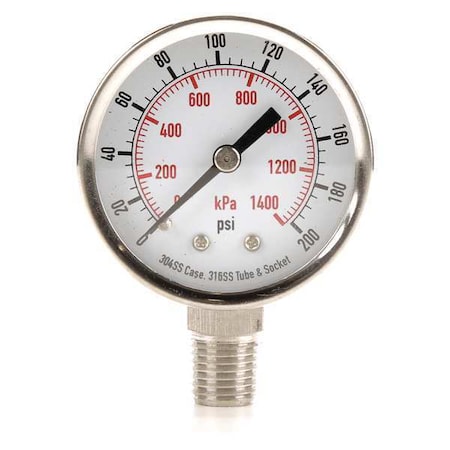 Commercial Pressure Gauge, 0 to 200 psi, 2 in Dial, 1/4 in NPT, Bottom Location MPN:4FMK9
