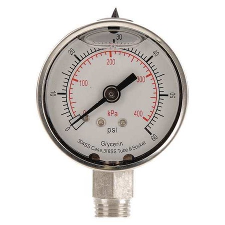 Commercial Pressure Gauge, 0 to 300 psi, 2 in Dial, 1/4 in NPT, Bottom Location MPN:4FML1
