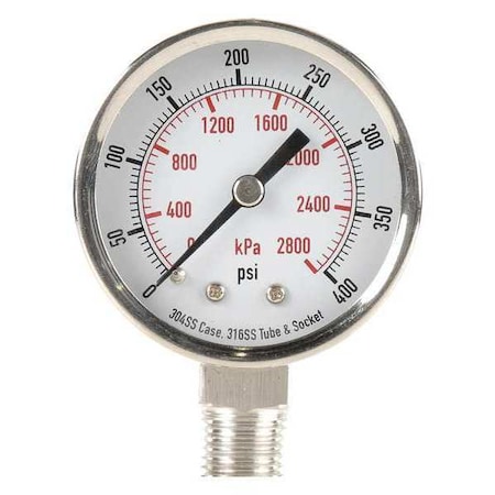Commercial Pressure Gauge, 0 to 400 psi, 2 in Dial, 1/4 in NPT, Bottom Location MPN:4FML2