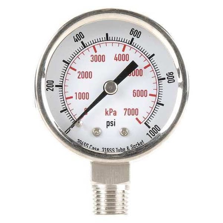 Commercial Pressure Gauge, 0 to 1, 000 psi, 2 in Dial, 1/4 in NPT, Bottom Location MPN:4FML4