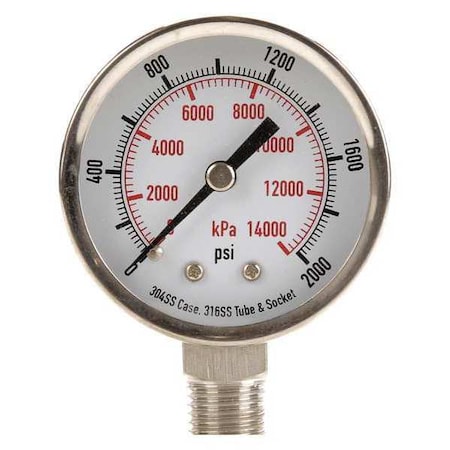 Commercial Pressure Gauge, 0 to 2, 000 psi, 2 in Dial, 1/4 in NPT, Bottom Location MPN:4FML5