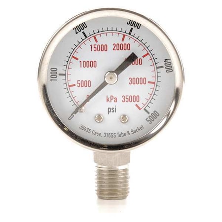 Commercial Pressure Gauge, 0 to 5, 000 psi, 2 in Dial, 1/4 in NPT, Bottom Location MPN:4FML7
