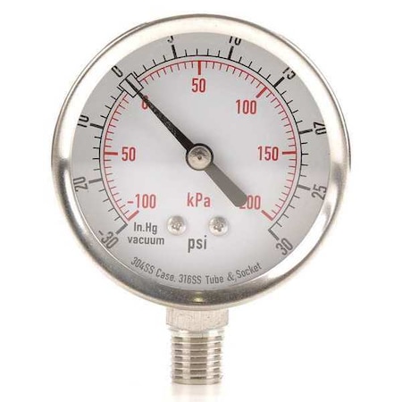 Commercial Compound Gauge, 30 to 0 to 30 psi, 2 1/2 in Dial, 1/4 in NPT, Bottom Location MPN:4FML9