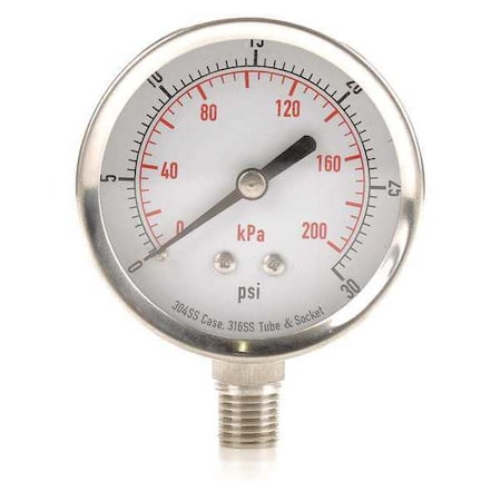 Commercial Pressure Gauge, 0 to 30 psi, 2 1/2 in Dial, 1/4 in NPT, Bottom Location MPN:4FMN1