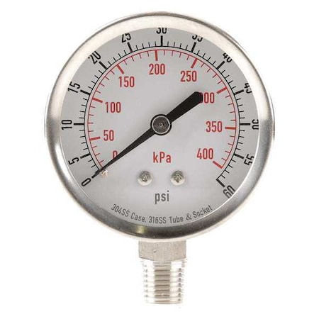 Commercial Pressure Gauge, 0 to 60 psi, 2 1/2 in Dial, 1/4 in NPT, Bottom Location MPN:4FMN2