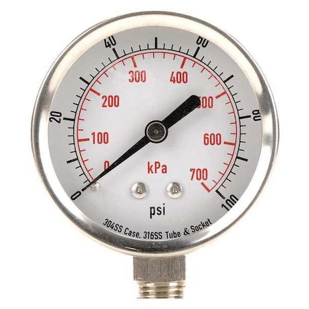 Commercial Pressure Gauge, 0 to 100 psi, 2 1/2 in Dial, 1/4 in NPT, Bottom Location MPN:4FMN3