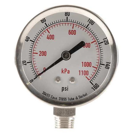 Commercial Pressure Gauge, 0 to 160 psi, 2 1/2 in Dial, 1/4 in NPT, Bottom Location MPN:4FMN4