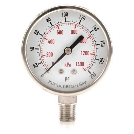 Commercial Pressure Gauge, 0 to 200 psi, 2 1/2 in Dial, 1/4 in NPT, Bottom Location MPN:4FMN5