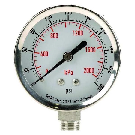 Commercial Pressure Gauge, 0 to 300 psi, 2 1/2 in Dial, 1/4 in NPT, Bottom Location MPN:4FMN6