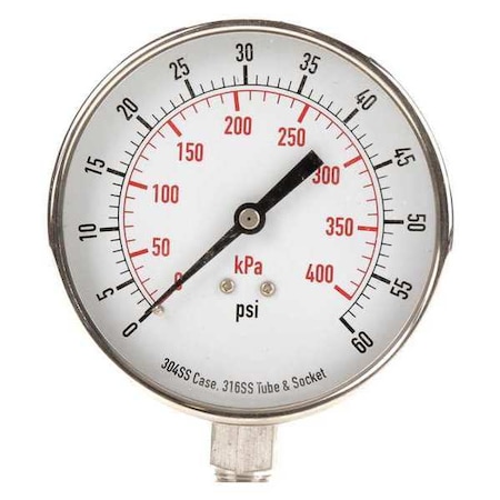 Commercial Pressure Gauge, 0 to 60 psi, 3 1/2 in Dial, 1/4 in NPT, Bottom Location MPN:4FMP7