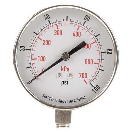 Commercial Pressure Gauge, 0 to 100 psi, 3 1/2 in Dial, 1/4 in NPT, Bottom Location MPN:4FMP8