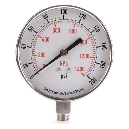 Commercial Pressure Gauge, 0 to 200 psi, 3 1/2 in Dial, 1/4 in NPT, Bottom Location MPN:4FMR1