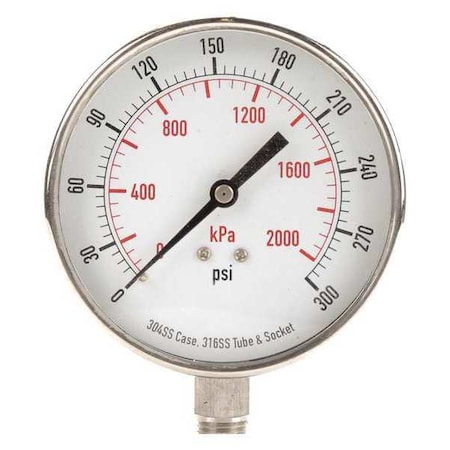 Commercial Pressure Gauge, 0 to 300 psi, 3 1/2 in Dial, 1/4 in NPT, Bottom Location MPN:4FMR2