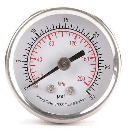 Commercial Pressure Gauge, 0 to 30 psi, 1 1/2 in Dial, 1/8 in NPT, Center Back Location MPN:4FMT2