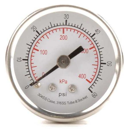 Commercial Pressure Gauge, 0 to 60 psi, 1 1/2 in Dial, 1/8 in NPT, Center Back Location MPN:4FMT3