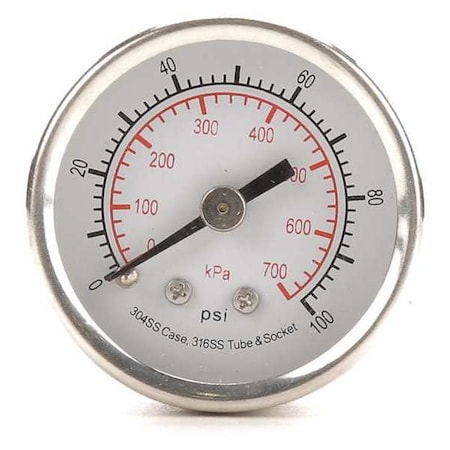 Commercial Pressure Gauge, 0 to 100 psi, 1 1/2 in Dial, 1/8 in NPT, Center Back Location MPN:4FMT4