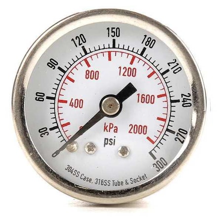 Commercial Pressure Gauge, 0 to 300 psi, 1 1/2 in Dial, 1/8 in NPT, Center Back Location MPN:4FMT7