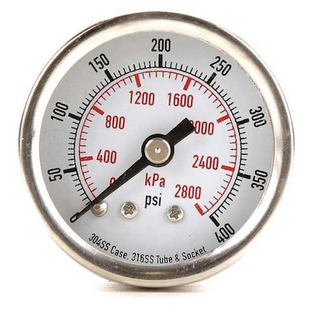 Commercial Pressure Gauge, 0 to 400 psi, 1 1/2 in Dial, 1/8 in NPT, Center Back Location MPN:4FMT8