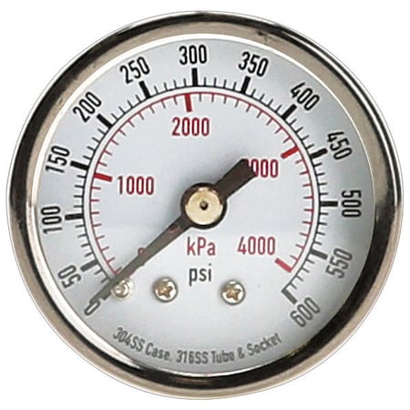 Commercial Pressure Gauge, 0 to 600 psi, 1 1/2 in Dial, 1/8 in NPT, Center Back Location MPN:4FMT9