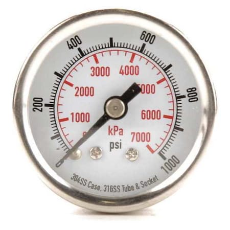 Commercial Pressure Gauge, 0 to 1, 000 psi, 1 1/2 in Dial, 1/8 in NPT, Center Back Location MPN:4FMU1