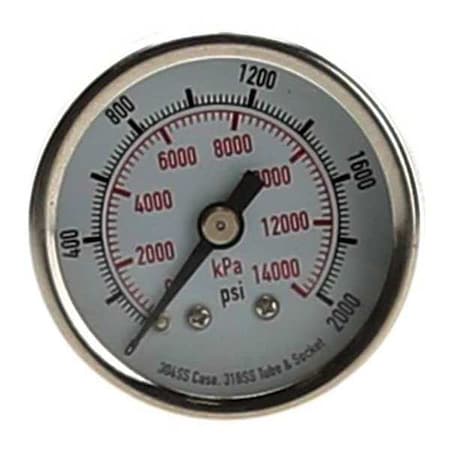 Commercial Pressure Gauge, 0 to 2, 000 psi, 1 1/2 in Dial, 1/8 in NPT, Center Back Location MPN:4FMU2