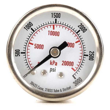 Commercial Pressure Gauge, 0 to 3, 000 psi, 1 1/2 in Dial, 1/8 in NPT, Center Back Location MPN:4FMU3