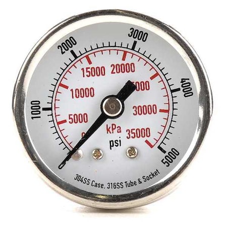 Commercial Pressure Gauge, 0 to 5, 000 psi, 1 1/2 in Dial, 1/8 in NPT, Center Back Location MPN:4FMU4