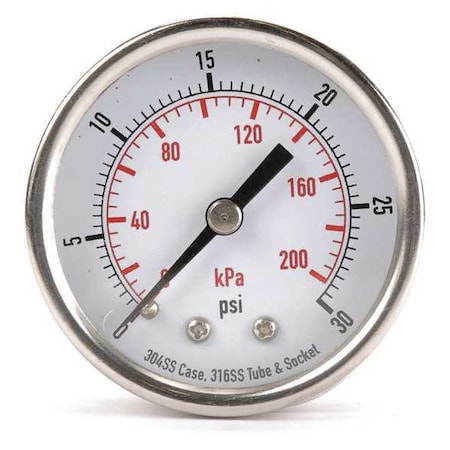 Commercial Pressure Gauge, 0 to 30 psi, 2 in Dial, 1/4 in NPT, Center Back Location MPN:4FMU7