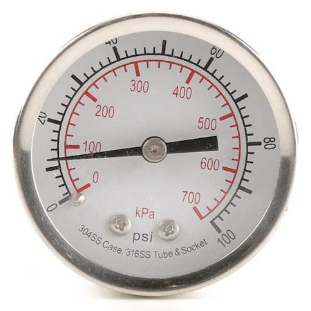 Commercial Pressure Gauge, 0 to 100 psi, 2 in Dial, 1/4 in NPT, Center Back Location MPN:4FMU9