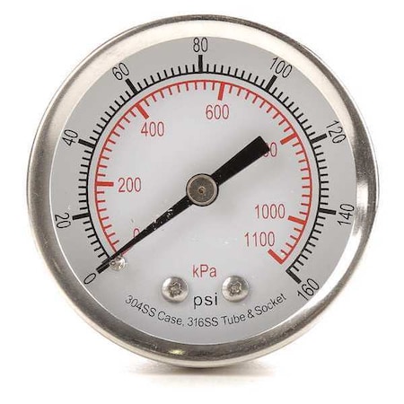 Commercial Pressure Gauge, 0 to 160 psi, 2 in Dial, 1/4 in NPT, Center Back Location MPN:4FMV1