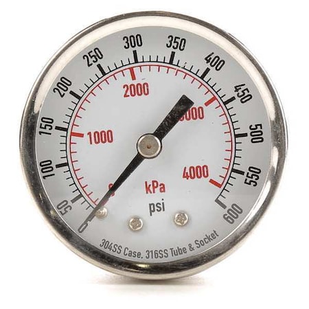 Commercial Pressure Gauge, 0 to 600 psi, 2 in Dial, 1/4 in NPT, Center Back Location MPN:4FMV5