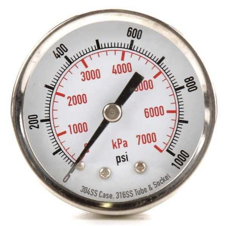 Commercial Pressure Gauge, 0 to 1, 000 psi, 2 in Dial, 1/4 in NPT, Center Back Location MPN:4FMV6